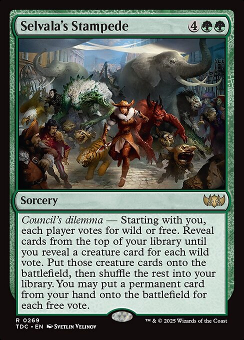 Council's dilemma — Starting with you, each player votes for wild or free. Reveal cards from the top of your library until you reveal a creature card for each wild vote. Put those creature cards onto the battlefield, then shuffle the rest into your library. You may put a permanent card from your hand onto the battlefield for each free vote.