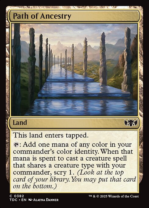 This land enters tapped.
{T}: Add one mana of any color in your commander's color identity. When that mana is spent to cast a creature spell that shares a creature type with your commander, scry 1. (Look at the top card of your library. You may put that card on the bottom.)