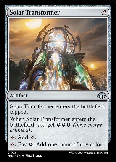 Solar Transformer enters the battlefield tapped.
When Solar Transformer enters the battlefield, you get {E}{E}{E} (three energy counters).
{T}: Add {C}.
{T}, Pay {E}: Add one mana of any color.