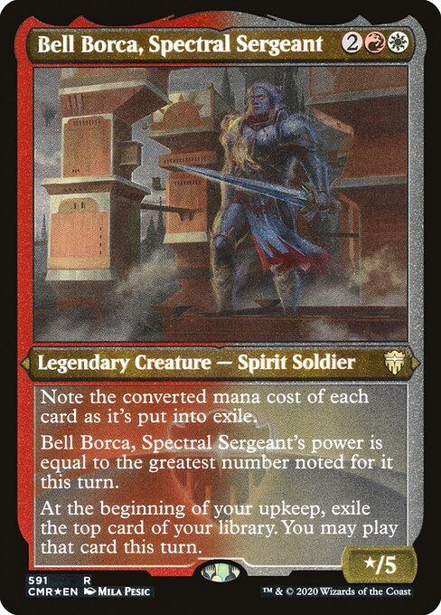 Note the mana value of each card as it's put into exile.
Bell Borca, Spectral Sergeant's power is equal to the greatest number noted for it this turn.
At the beginning of your upkeep, exile the top card of your library. You may play that card this turn.