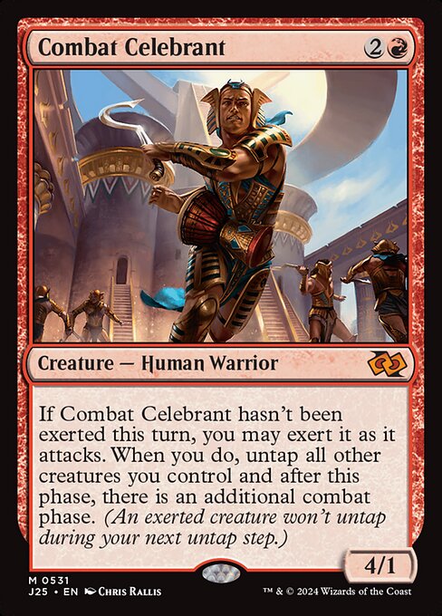 If Combat Celebrant hasn't been exerted this turn, you may exert it as it attacks. When you do, untap all other creatures you control and after this phase, there is an additional combat phase. (An exerted creature won't untap during your next untap step.)