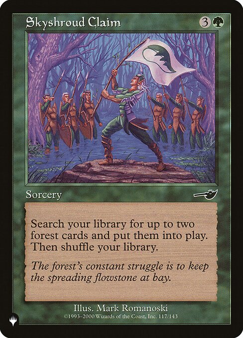 Search your library for up to two Forest cards, put them onto the battlefield, then shuffle.