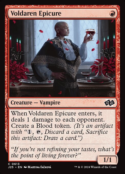 When Voldaren Epicure enters, it deals 1 damage to each opponent. Create a Blood token. (It's an artifact with "{1}, {T}, Discard a card, Sacrifice this artifact: Draw a card.")