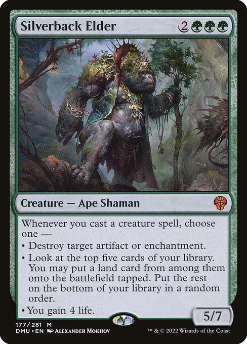 Whenever you cast a creature spell, choose one —
• Destroy target artifact or enchantment.
• Look at the top five cards of your library. You may put a land card from among them onto the battlefield tapped. Put the rest on the bottom of your library in a random order.
• You gain 4 life.
