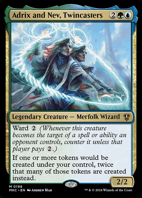 Ward {2} (Whenever this creature becomes the target of a spell or ability an opponent controls, counter it unless that player pays {2}.)
If one or more tokens would be created under your control, twice that many of those tokens are created instead.