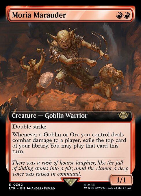 Double strike
Whenever a Goblin or Orc you control deals combat damage to a player, exile the top card of your library. You may play that card this turn.