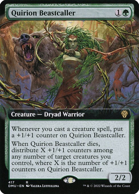 Whenever you cast a creature spell, put a +1/+1 counter on Quirion Beastcaller.
When Quirion Beastcaller dies, distribute X +1/+1 counters among any number of target creatures you control, where X is the number of +1/+1 counters on Quirion Beastcaller.