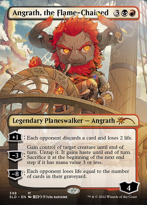 +1: Each opponent discards a card and loses 2 life.
−3: Gain control of target creature until end of turn. Untap it. It gains haste until end of turn. Sacrifice it at the beginning of the next end step if it has mana value 3 or less.
−8: Each opponent loses life equal to the number of cards in their graveyard.