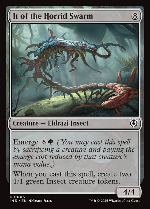 Emerge {6}{G} (You may cast this spell by sacrificing a creature and paying the emerge cost reduced by that creature's mana value.)
When you cast this spell, create two 1/1 green Insect creature tokens.