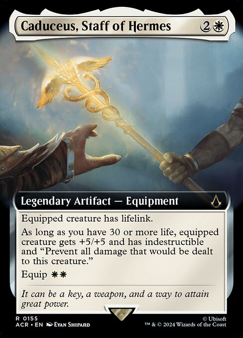Equipped creature has lifelink.
As long as you have 30 or more life, equipped creature gets +5/+5 and has indestructible and "Prevent all damage that would be dealt to this creature."
Equip {W}{W}