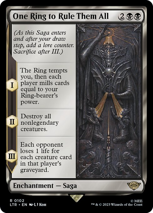 (As this Saga enters and after your draw step, add a lore counter. Sacrifice after III.)
I — The Ring tempts you, then each player mills cards equal to your Ring-bearer's power.
II — Destroy all nonlegendary creatures.
III — Each opponent loses 1 life for each creature card in that player's graveyard.