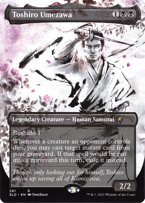 Bushido 1 (Whenever this creature blocks or becomes blocked, it gets +1/+1 until end of turn.)
Whenever a creature an opponent controls dies, you may cast target instant card from your graveyard. If that spell would be put into a graveyard, exile it instead.