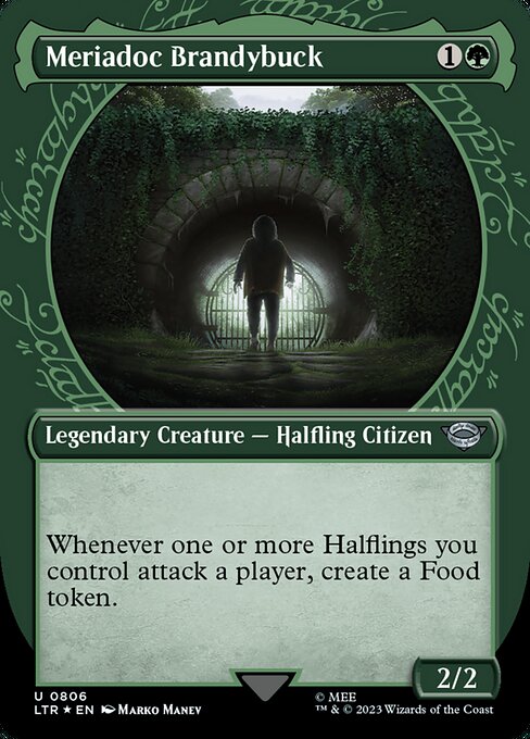 Whenever one or more Halflings you control attack a player, create a Food token. (It's an artifact with "{2}, {T}, Sacrifice this artifact: You gain 3 life.")