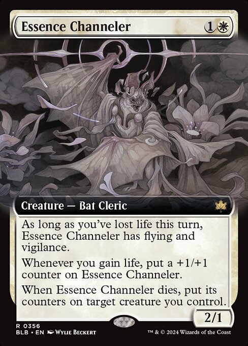 As long as you've lost life this turn, Essence Channeler has flying and vigilance.
Whenever you gain life, put a +1/+1 counter on Essence Channeler.
When Essence Channeler dies, put its counters on target creature you control.