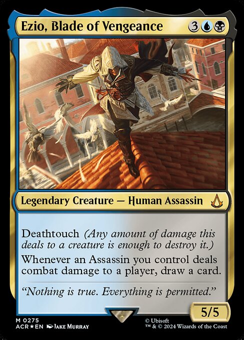 Deathtouch (Any amount of damage this deals to a creature is enough to destroy it.)
Whenever an Assassin you control deals combat damage to a player, draw a card.