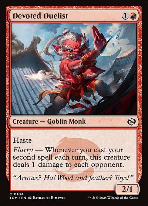 Haste
Flurry — Whenever you cast your second spell each turn, this creature deals 1 damage to each opponent.