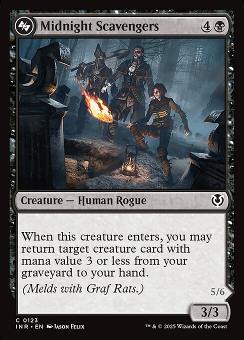 When this creature enters, you may return target creature card with mana value 3 or less from your graveyard to your hand.
(Melds with Graf Rats.)