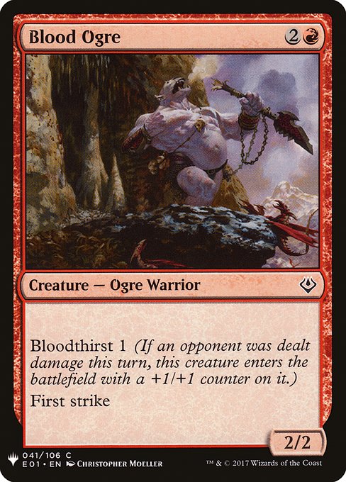 Bloodthirst 1 (If an opponent was dealt damage this turn, this creature enters with a +1/+1 counter on it.)
First strike (This creature deals combat damage before creatures without first strike.)