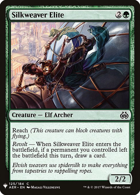 Reach (This creature can block creatures with flying.)
Revolt — When Silkweaver Elite enters, if a permanent you controlled left the battlefield this turn, draw a card.