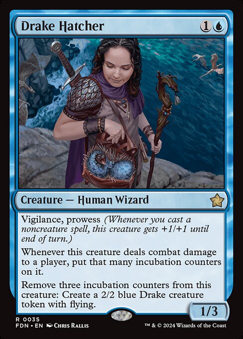 Vigilance, prowess (Whenever you cast a noncreature spell, this creature gets +1/+1 until end of turn.)
Whenever this creature deals combat damage to a player, put that many incubation counters on it.
Remove three incubation counters from this creature: Create a 2/2 blue Drake creature token with flying.