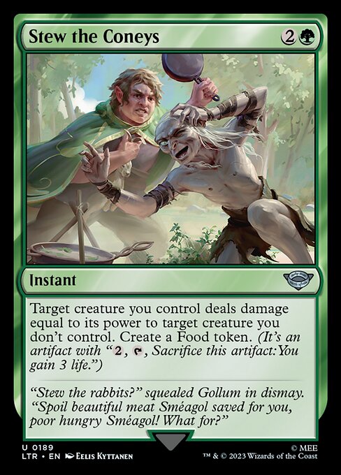 Target creature you control deals damage equal to its power to target creature you don't control. Create a Food token. (It's an artifact with "{2}, {T}, Sacrifice this artifact: You gain 3 life.")