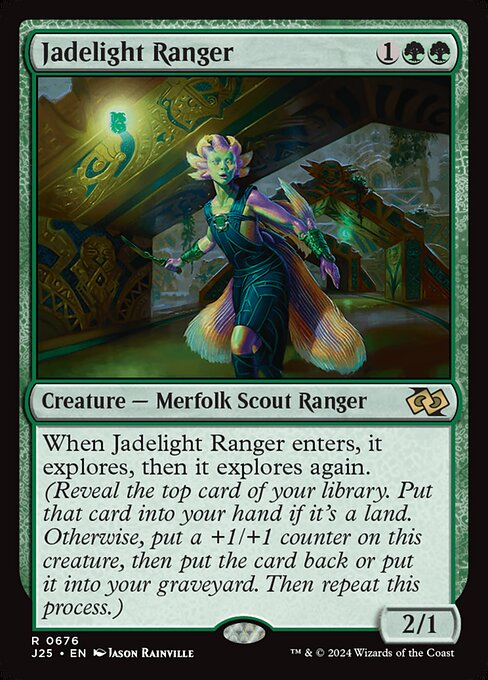 When Jadelight Ranger enters, it explores, then it explores again. (Reveal the top card of your library. Put that card into your hand if it's a land. Otherwise, put a +1/+1 counter on this creature, then put the card back or put it into your graveyard. Then repeat this process.)