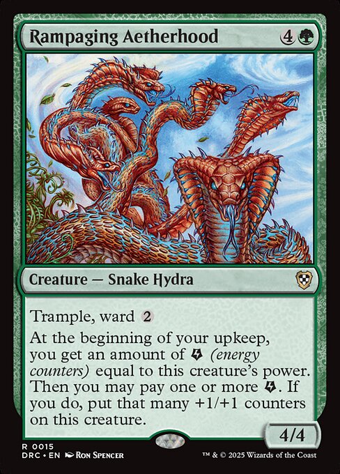 Trample, ward {2}
At the beginning of your upkeep, you get an amount of {E} (energy counters) equal to this creature's power. Then you may pay one or more {E}. If you do, put that many +1/+1 counters on this creature.