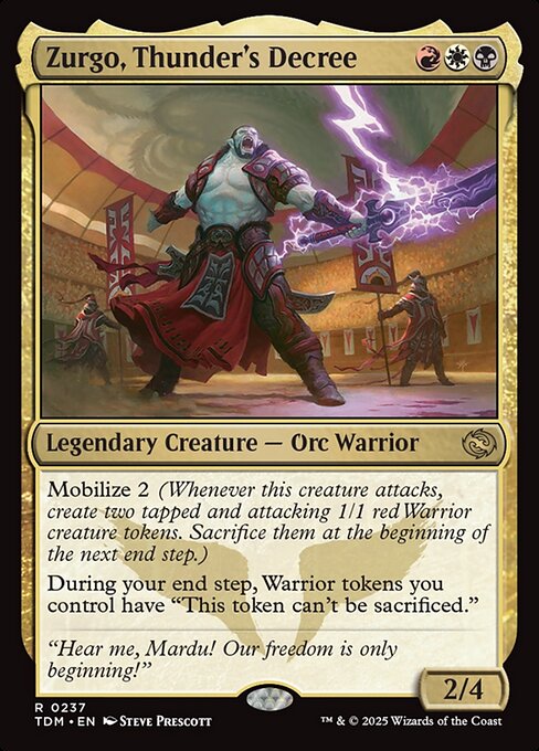 Mobilize 2 (Whenever this creature attacks, create two tapped and attacking 1/1 red Warrior creature tokens. Sacrifice them at the beginning of the next end step.)
During your end step, Warrior tokens you control have "This token can't be sacrificed."