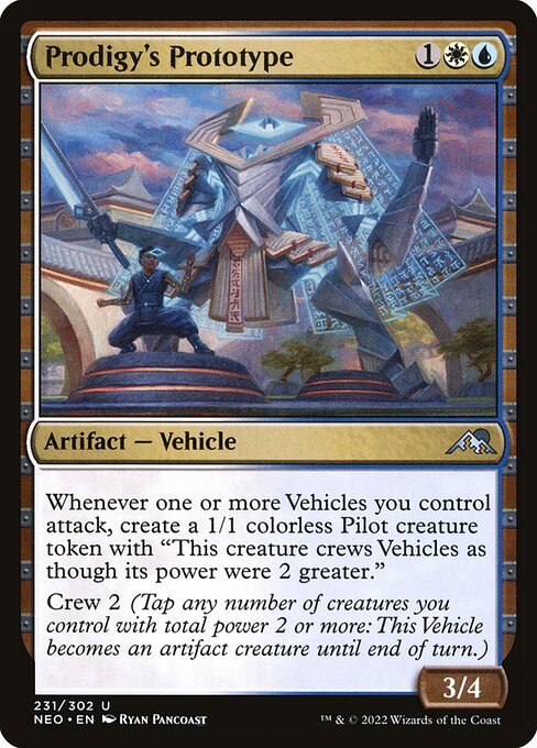 Whenever one or more Vehicles you control attack, create a 1/1 colorless Pilot creature token with "This creature crews Vehicles as though its power were 2 greater."
Crew 2 (Tap any number of creatures you control with total power 2 or more: This Vehicle becomes an artifact creature until end of turn.)