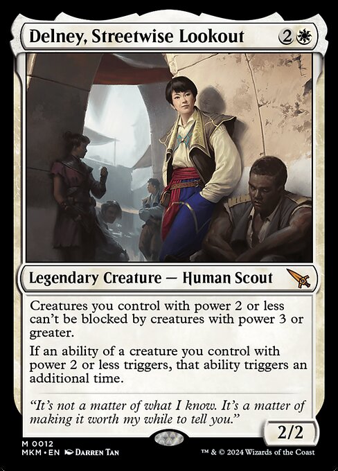 Creatures you control with power 2 or less can't be blocked by creatures with power 3 or greater.
If an ability of a creature you control with power 2 or less triggers, that ability triggers an additional time.