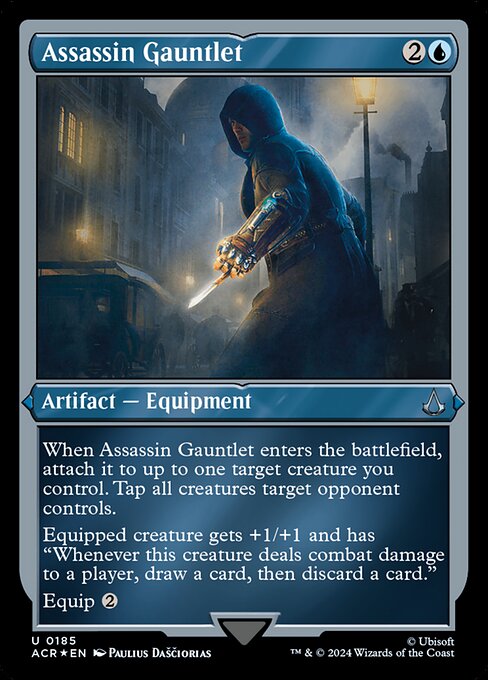 When Assassin Gauntlet enters the battlefield, attach it to up to one target creature you control. Tap all creatures target opponent controls.
Equipped creature gets +1/+1 and has "Whenever this creature deals combat damage to a player, draw a card, then discard a card."
Equip {2}