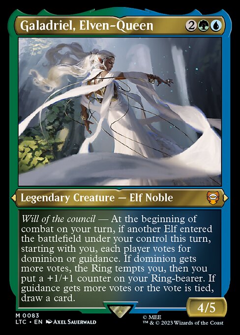 Will of the council — At the beginning of combat on your turn, if another Elf entered the battlefield under your control this turn, starting with you, each player votes for dominion or guidance. If dominion gets more votes, the Ring tempts you, then you put a +1/+1 counter on your Ring-bearer. If guidance gets more votes or the vote is tied, draw a card.