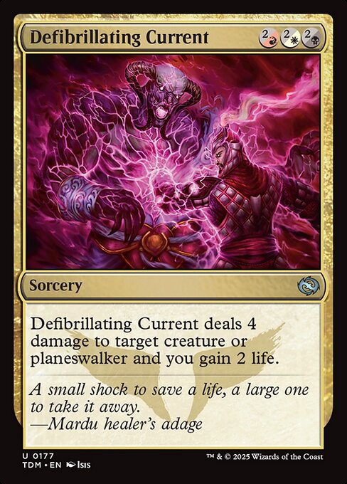 Defibrillating Current deals 4 damage to target creature or planeswalker and you gain 2 life.