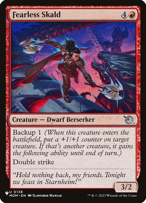 Backup 1 (When this creature enters, put a +1/+1 counter on target creature. If that's another creature, it gains the following ability until end of turn.)
Double strike