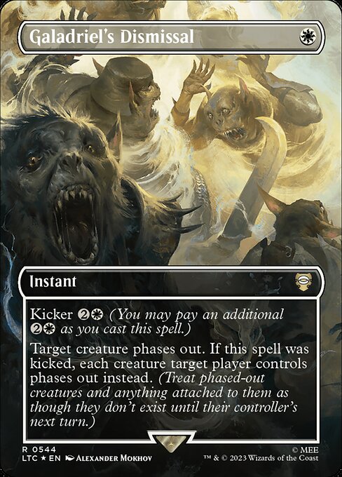 Kicker {2}{W} (You may pay an additional {2}{W} as you cast this spell.)
Target creature phases out. If this spell was kicked, each creature target player controls phases out instead. (Treat phased-out creatures and anything attached to them as though they don't exist until their controller's next turn.)