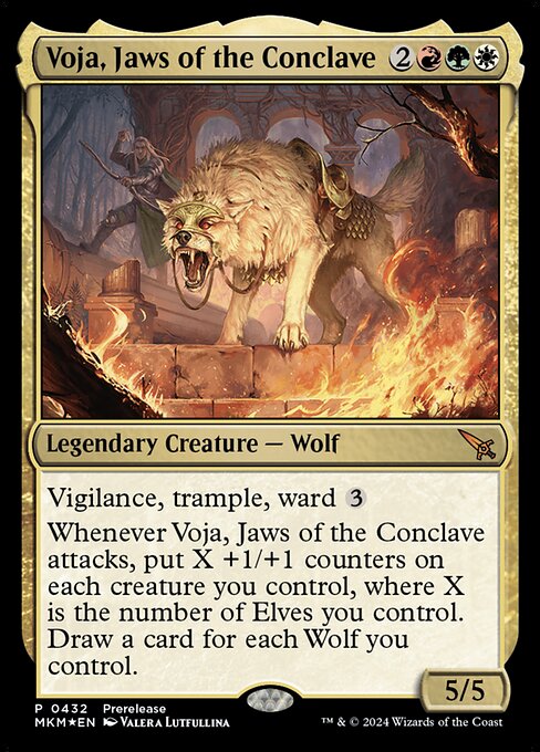 Vigilance, trample, ward {3}
Whenever Voja, Jaws of the Conclave attacks, put X +1/+1 counters on each creature you control, where X is the number of Elves you control. Draw a card for each Wolf you control.