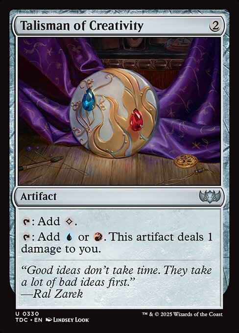 {T}: Add {C}.
{T}: Add {U} or {R}. This artifact deals 1 damage to you.