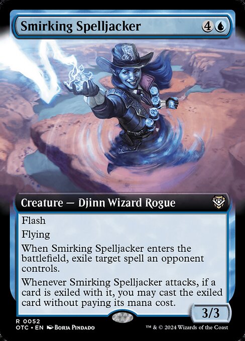 Flash
Flying
When Smirking Spelljacker enters the battlefield, exile target spell an opponent controls.
Whenever Smirking Spelljacker attacks, if a card is exiled with it, you may cast the exiled card without paying its mana cost.