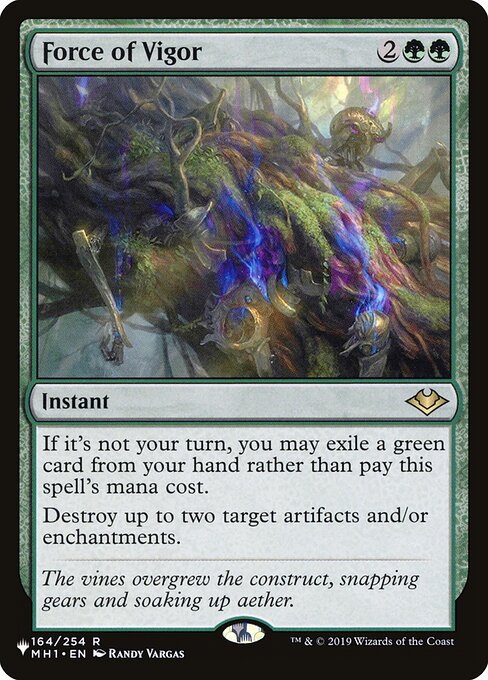 If it's not your turn, you may exile a green card from your hand rather than pay this spell's mana cost.
Destroy up to two target artifacts and/or enchantments.