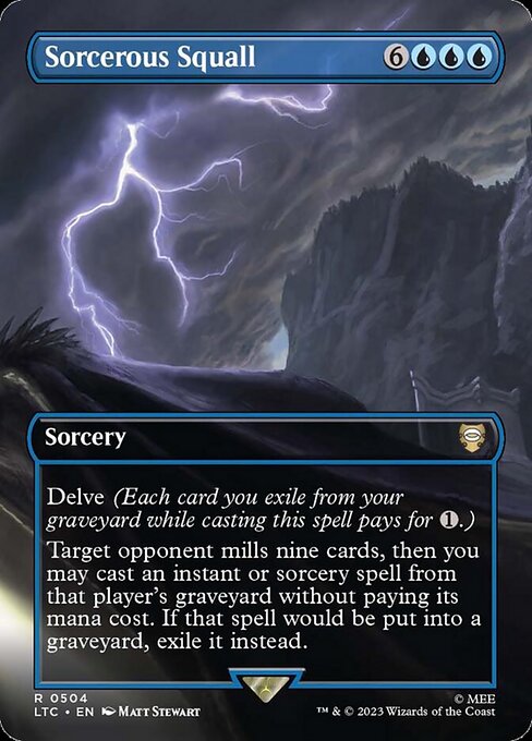 Delve (Each card you exile from your graveyard while casting this spell pays for {1}.)
Target opponent mills nine cards, then you may cast an instant or sorcery spell from that player's graveyard without paying its mana cost. If that spell would be put into a graveyard, exile it instead.