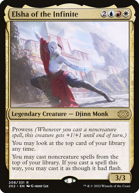 Prowess (Whenever you cast a noncreature spell, this creature gets +1/+1 until end of turn.)
You may look at the top card of your library any time.
You may cast noncreature spells from the top of your library. If you cast a spell this way, you may cast it as though it had flash.
