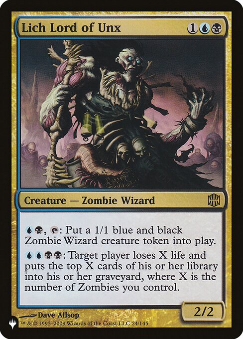 {U}{B}, {T}: Create a 1/1 blue and black Zombie Wizard creature token.
{U}{U}{B}{B}: Target player loses X life and mills X cards, where X is the number of Zombies you control.