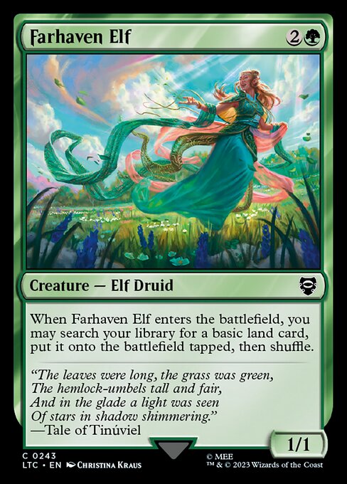 When Farhaven Elf enters the battlefield, you may search your library for a basic land card, put it onto the battlefield tapped, then shuffle.
