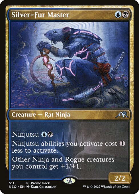 Ninjutsu {U}{B} ({U}{B}, Return an unblocked attacker you control to hand: Put this card onto the battlefield from your hand tapped and attacking.)
Ninjutsu abilities you activate cost {1} less to activate.
Other Ninja and Rogue creatures you control get +1/+1.