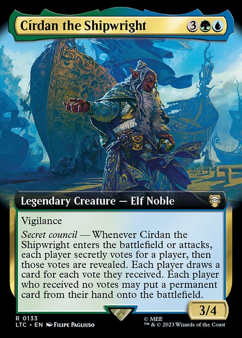 Vigilance
Secret council — Whenever Círdan the Shipwright enters or attacks, each player secretly votes for a player, then those votes are revealed. Each player draws a card for each vote they received. Each player who received no votes may put a permanent card from their hand onto the battlefield.
