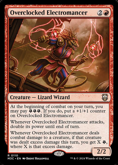 At the beginning of combat on your turn, you may pay {E}{E}{E}. If you do, put a +1/+1 counter on Overclocked Electromancer.
Whenever Overclocked Electromancer attacks, double its power until end of turn.
Whenever Overclocked Electromancer deals combat damage to a creature, if that creature was dealt excess damage this turn, you get X {E}, where X is that excess damage.