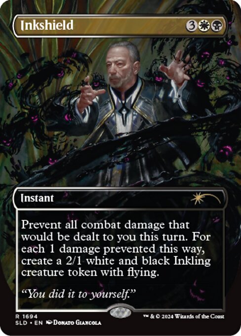 Prevent all combat damage that would be dealt to you this turn. For each 1 damage prevented this way, create a 2/1 white and black Inkling creature token with flying.