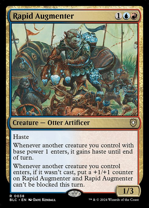 Haste
Whenever another creature you control with base power 1 enters, it gains haste until end of turn.
Whenever another creature you control enters, if it wasn't cast, put a +1/+1 counter on Rapid Augmenter and Rapid Augmenter can't be blocked this turn.