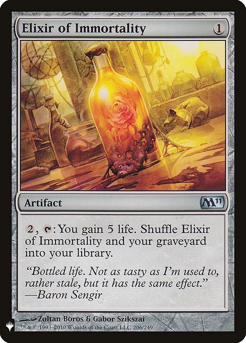 {2}, {T}: You gain 5 life. Shuffle Elixir of Immortality and your graveyard into their owner's library.