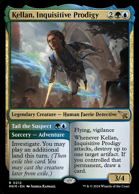 Flying, vigilance
Whenever Kellan, Inquisitive Prodigy attacks, destroy up to one target artifact. If you controlled that permanent, draw a card. Investigate. You may play an additional land this turn. (Then exile this card. You may cast the creature later from exile.)